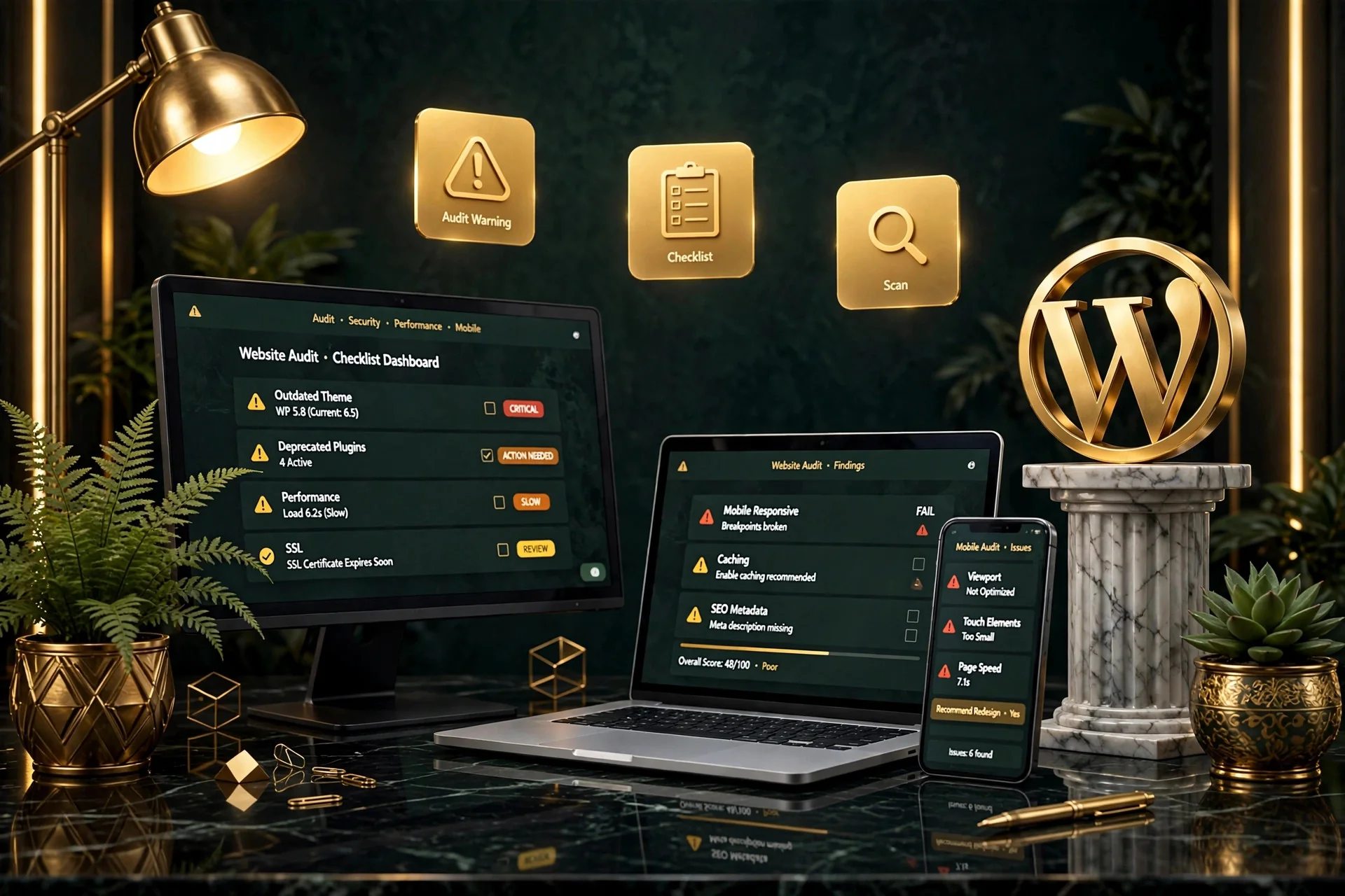 WordPress website audit checklist — outdated theme, plugins, performance and SSL issues flagged