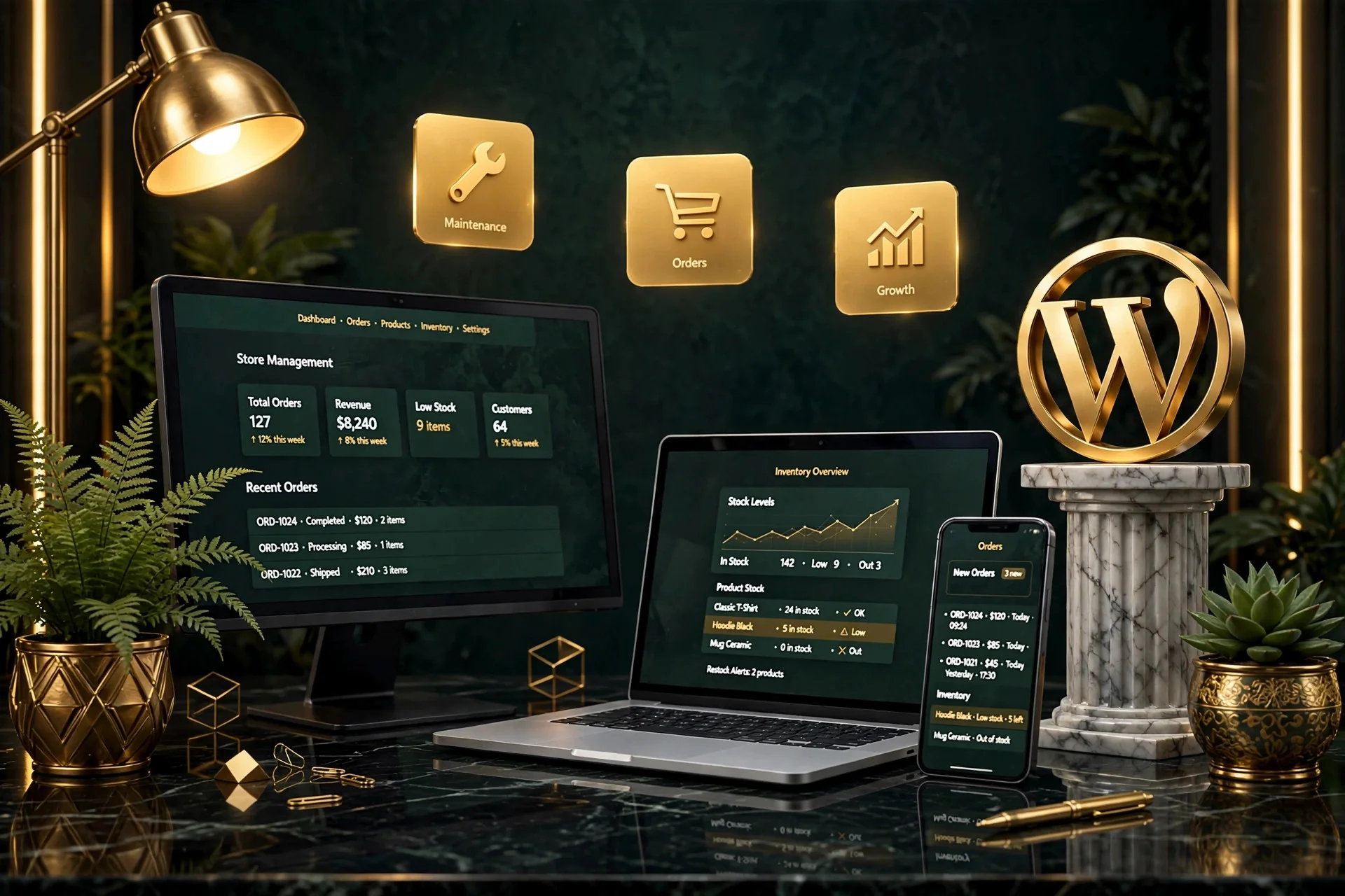 One person building and managing a WooCommerce store — orders, inventory and revenue dashboard