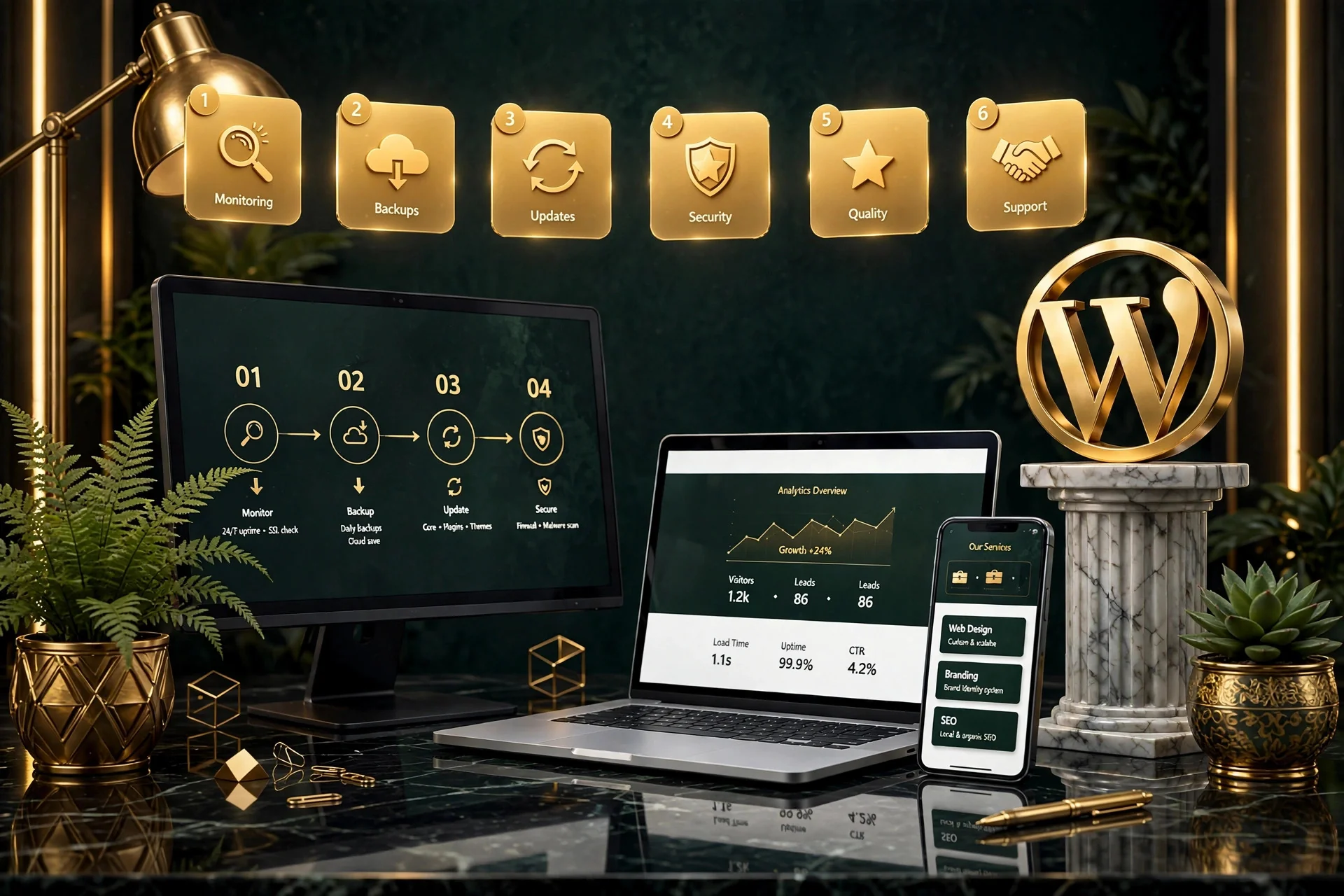 WordPress maintenance process — monitoring, backups, updates, security, quality and support workflow