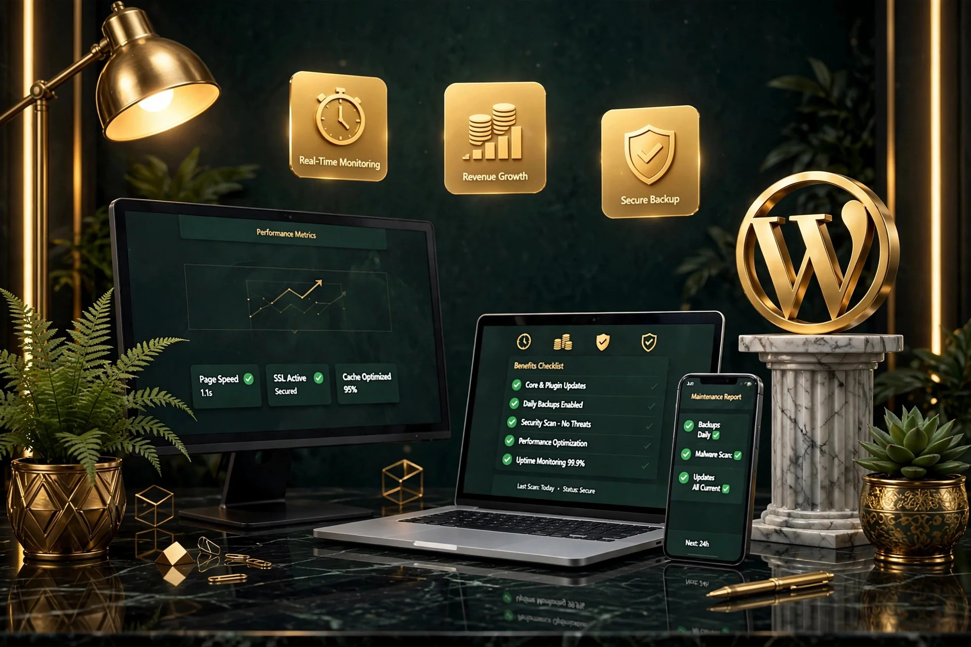 WordPress maintenance benefits checklist — backups, security scans, performance optimization and uptime monitoring