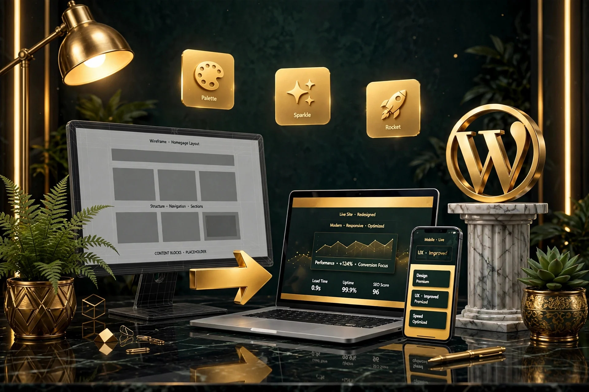 WordPress website redesign transformation — from gray wireframe to modern live redesigned site