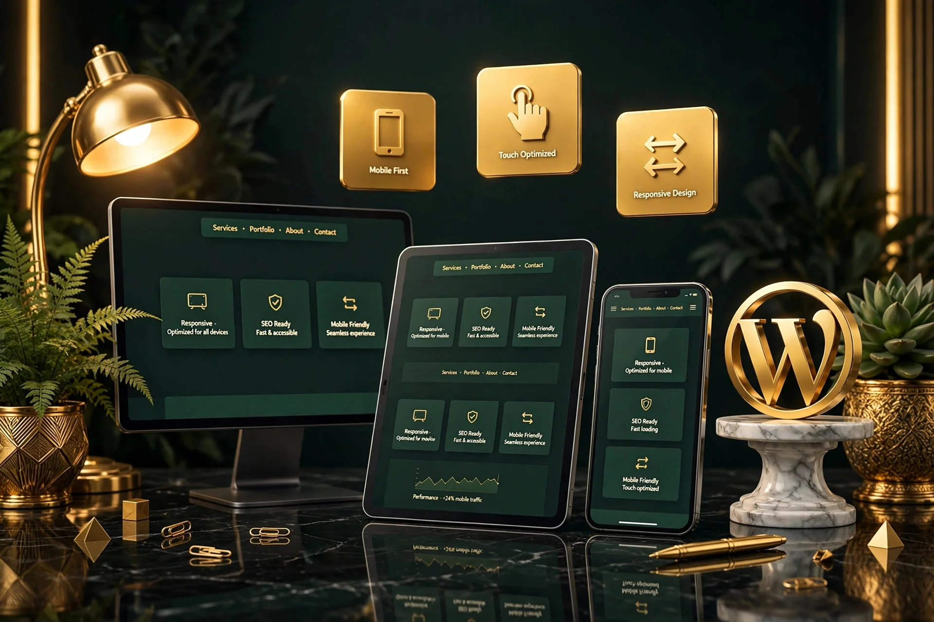 WordPress redesign with mobile-first responsive experience across monitor, tablet and phone