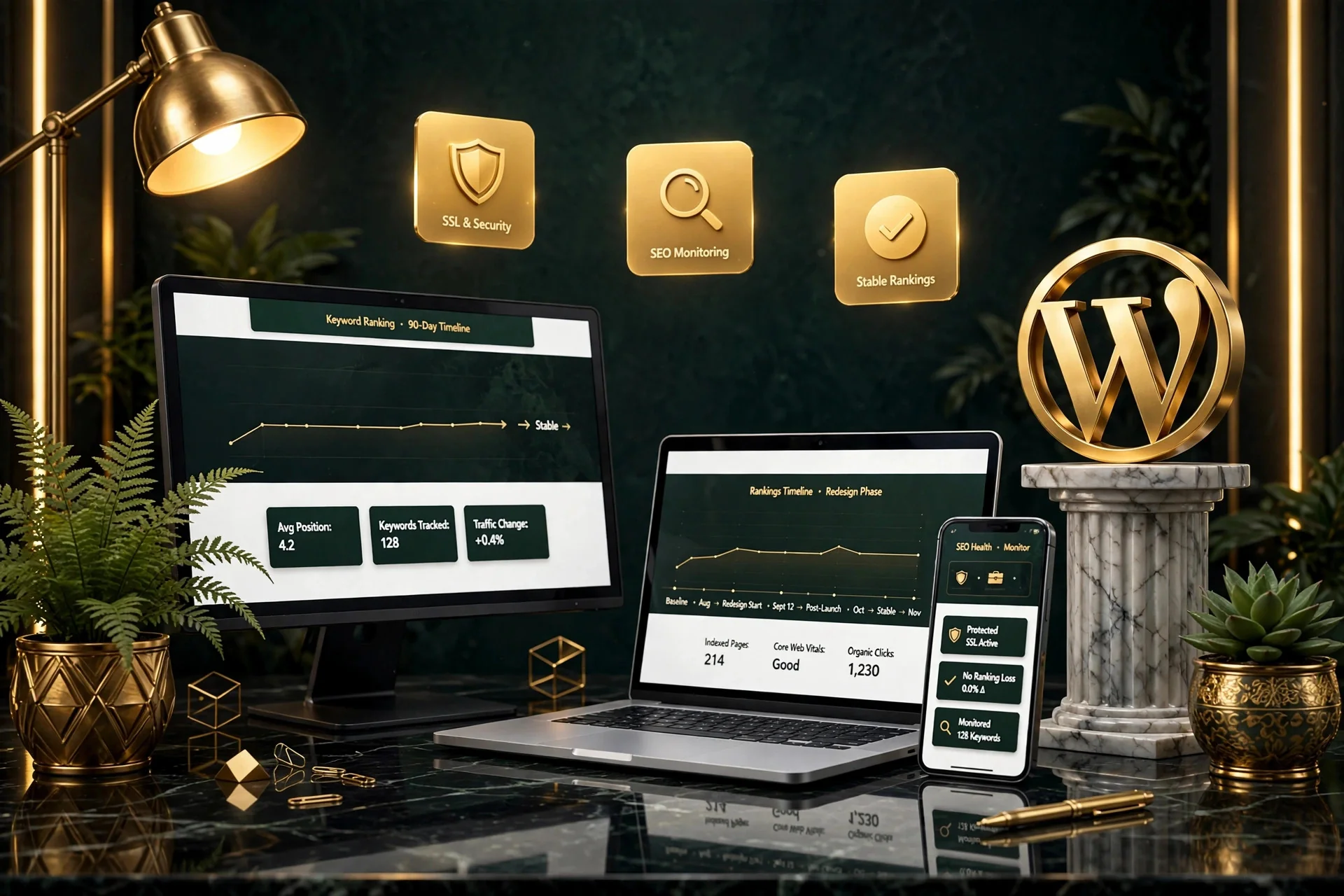 WordPress redesign without losing SEO — keyword rankings holding stable through the redesign