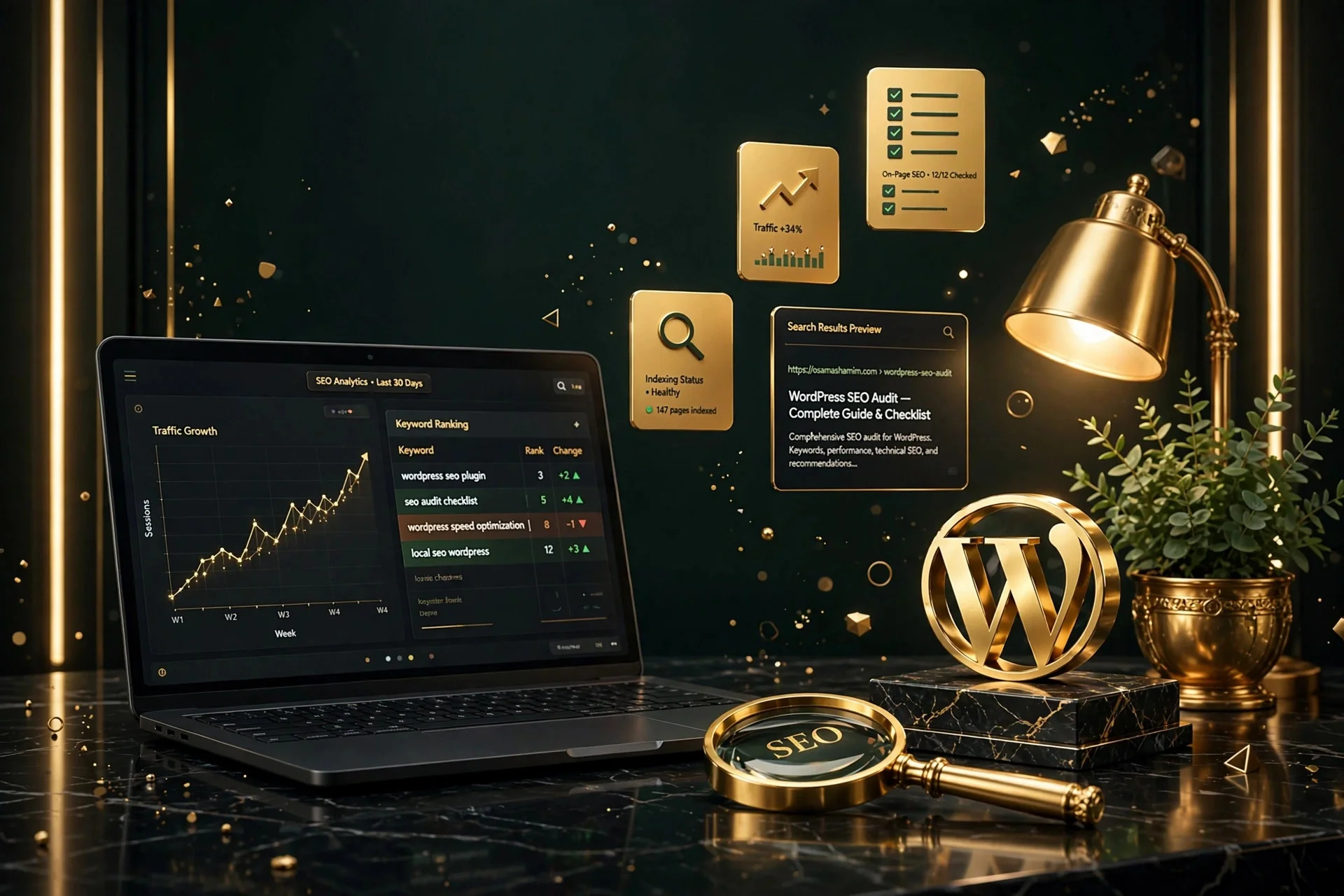 WordPress SEO audit — keyword rankings, traffic growth and indexing status dashboard