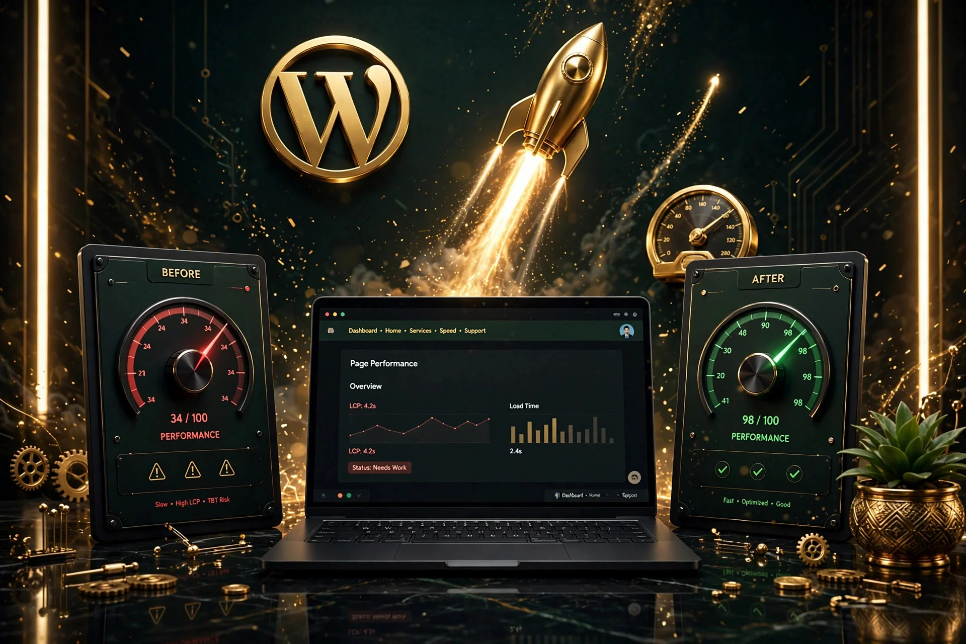 WordPress speed optimization results — before 34 and after 98 performance scores