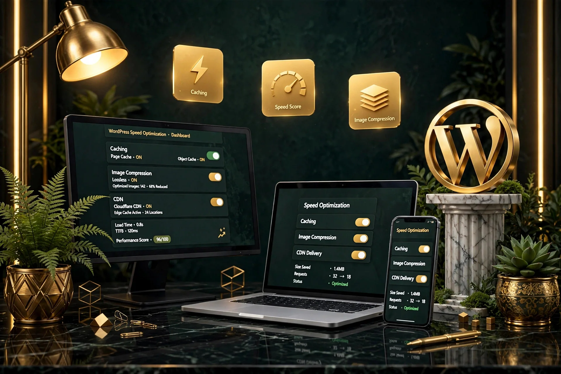 WordPress speed optimization service — caching, image compression and CDN dashboard