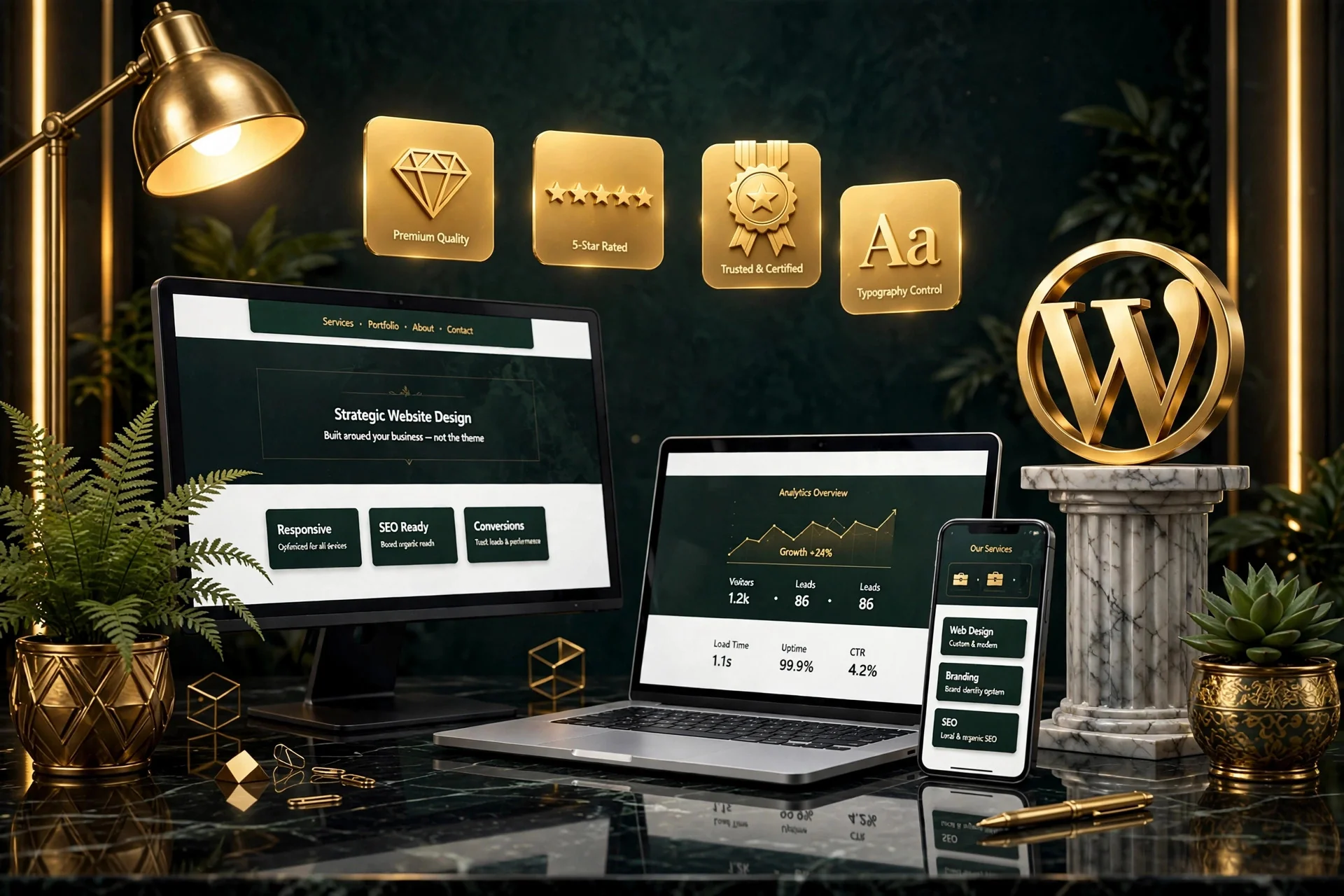 High-end WordPress website design — dark green and gold 3D illustration with premium website mockups and quality badges